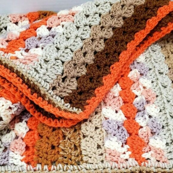 Crochet BABY BLANKET AFGHAN Lap Granny Squares Stripes 38" x 28" Warm Handmade - Picture 5 of 9